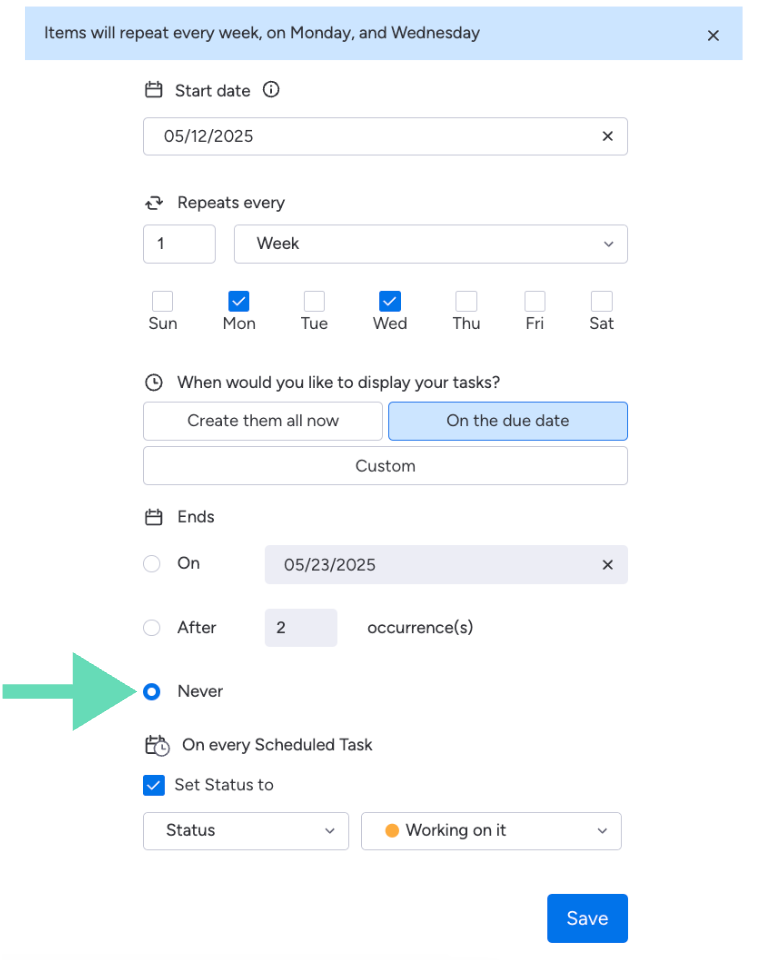 Setting a task to repeat forever