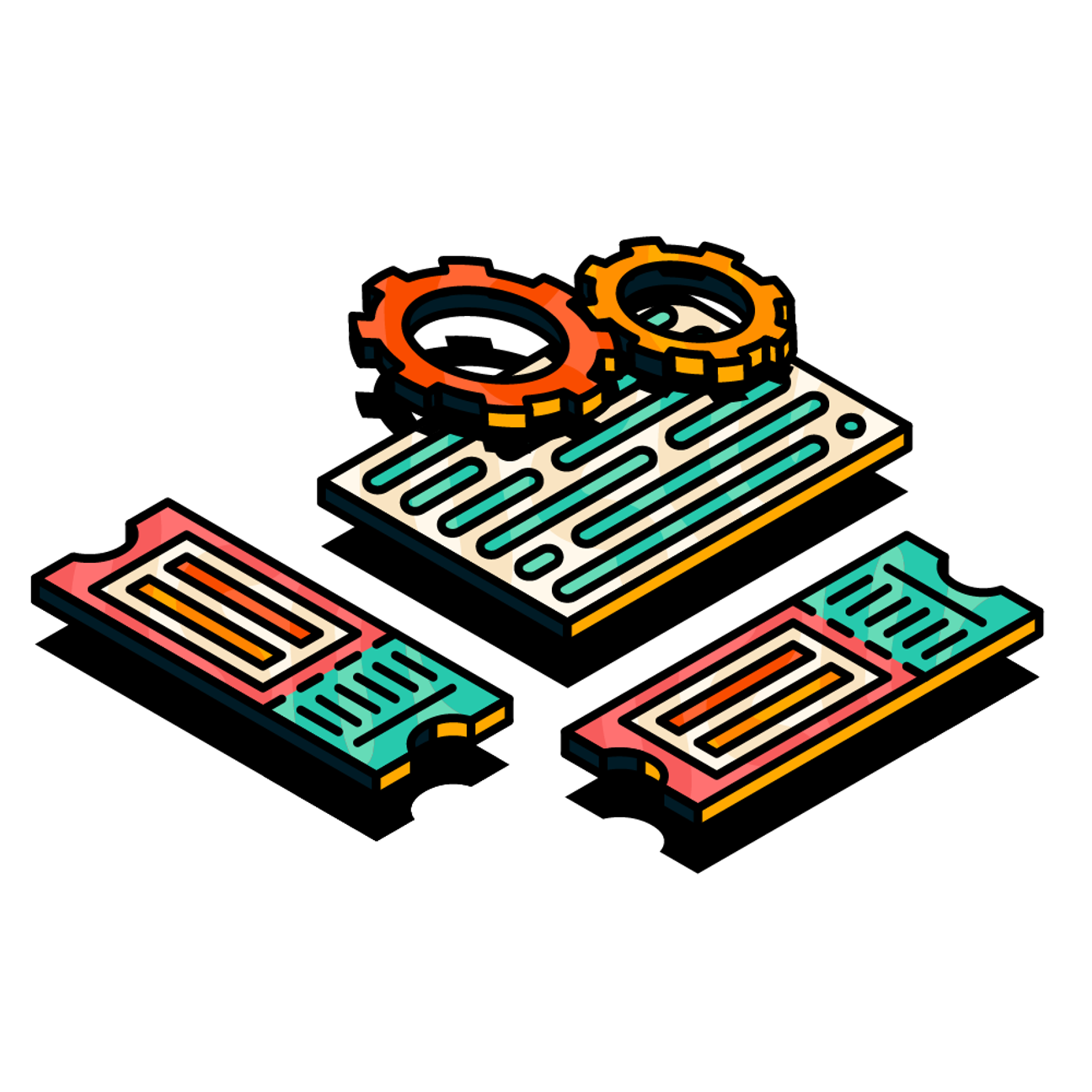 Illustration of event tickets, box of code and cogs