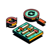 An illustration of a Kanban, next to a recurring task and magnifying glass icon, all in the Upscale style.