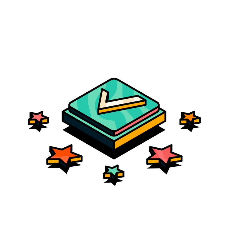 Tick button with stars around in Upscale illustration style.