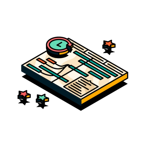 Stylised Jira Gantt-style project timeline showing connected tasks and milestones, with a clock icon