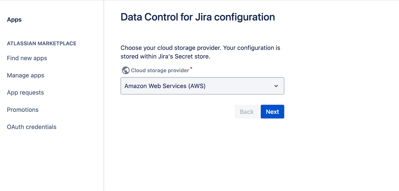 Data Control for Jira configuration - choose your cloud storage provider