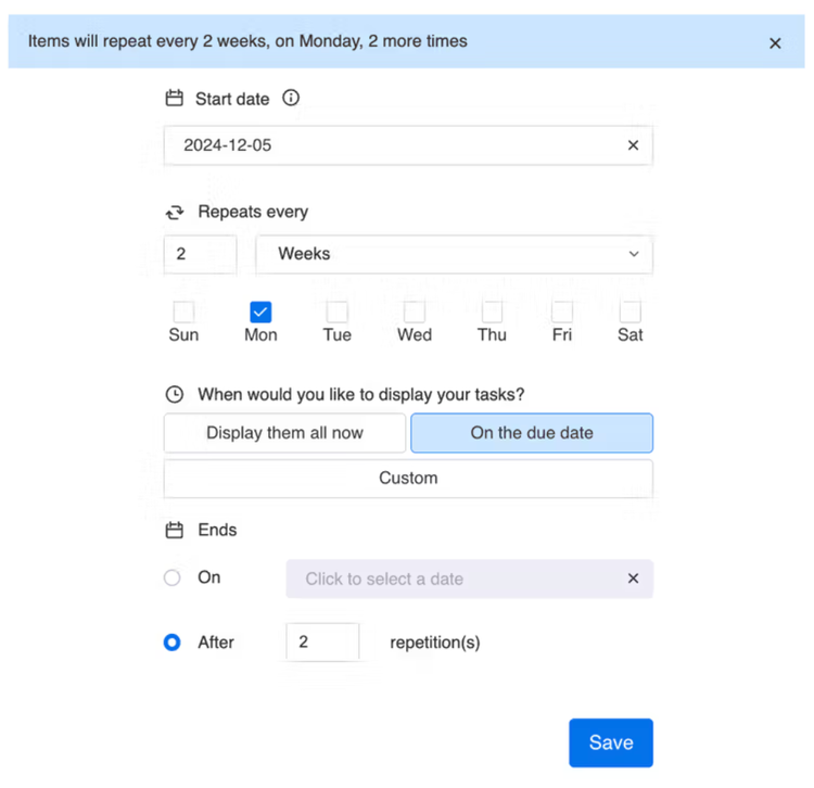 How to set fortnightly recurring tasks in monday.com.