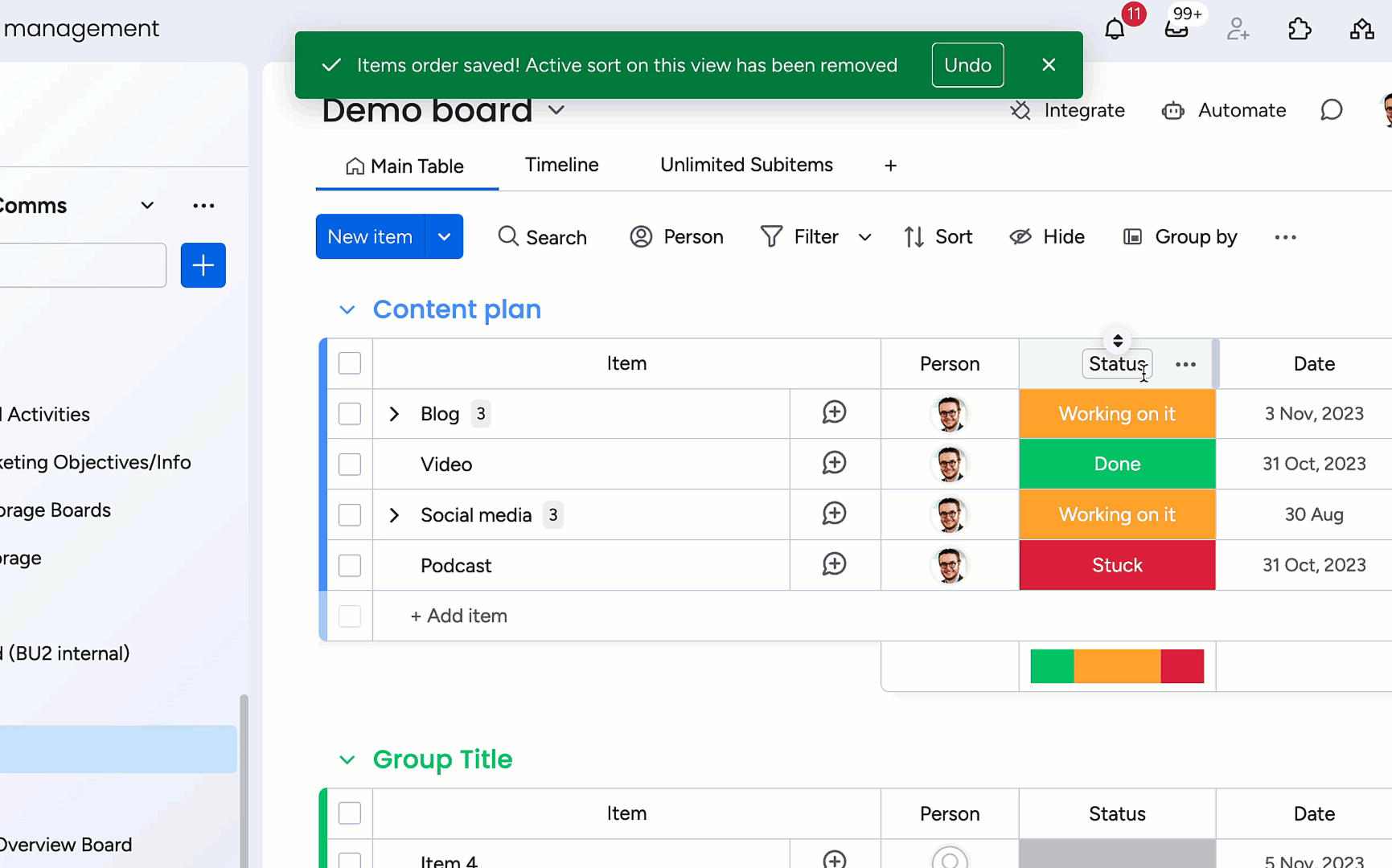 Screenshot showing how to sort your monday.com board using method 2.