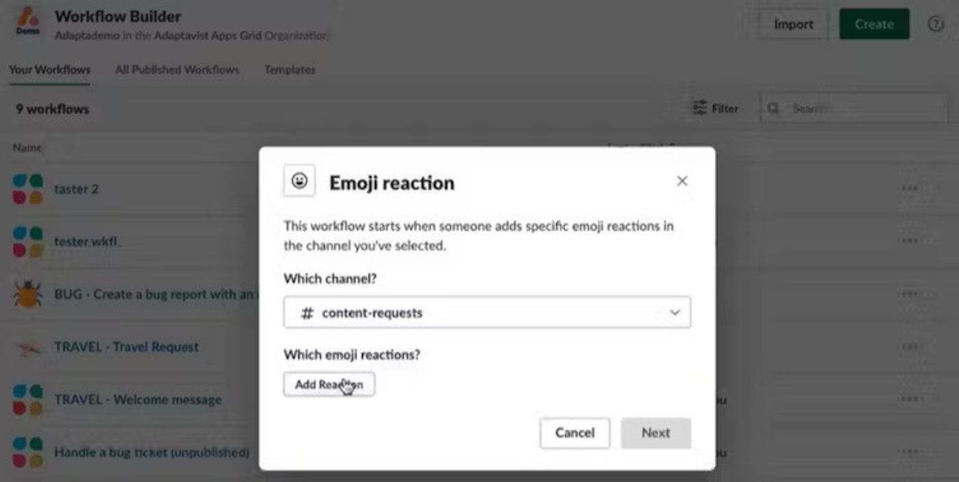 Screenshot showing how to choose an emoji reaction as your workflow trigger.