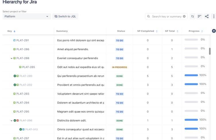 hierarchy for jira's tree view