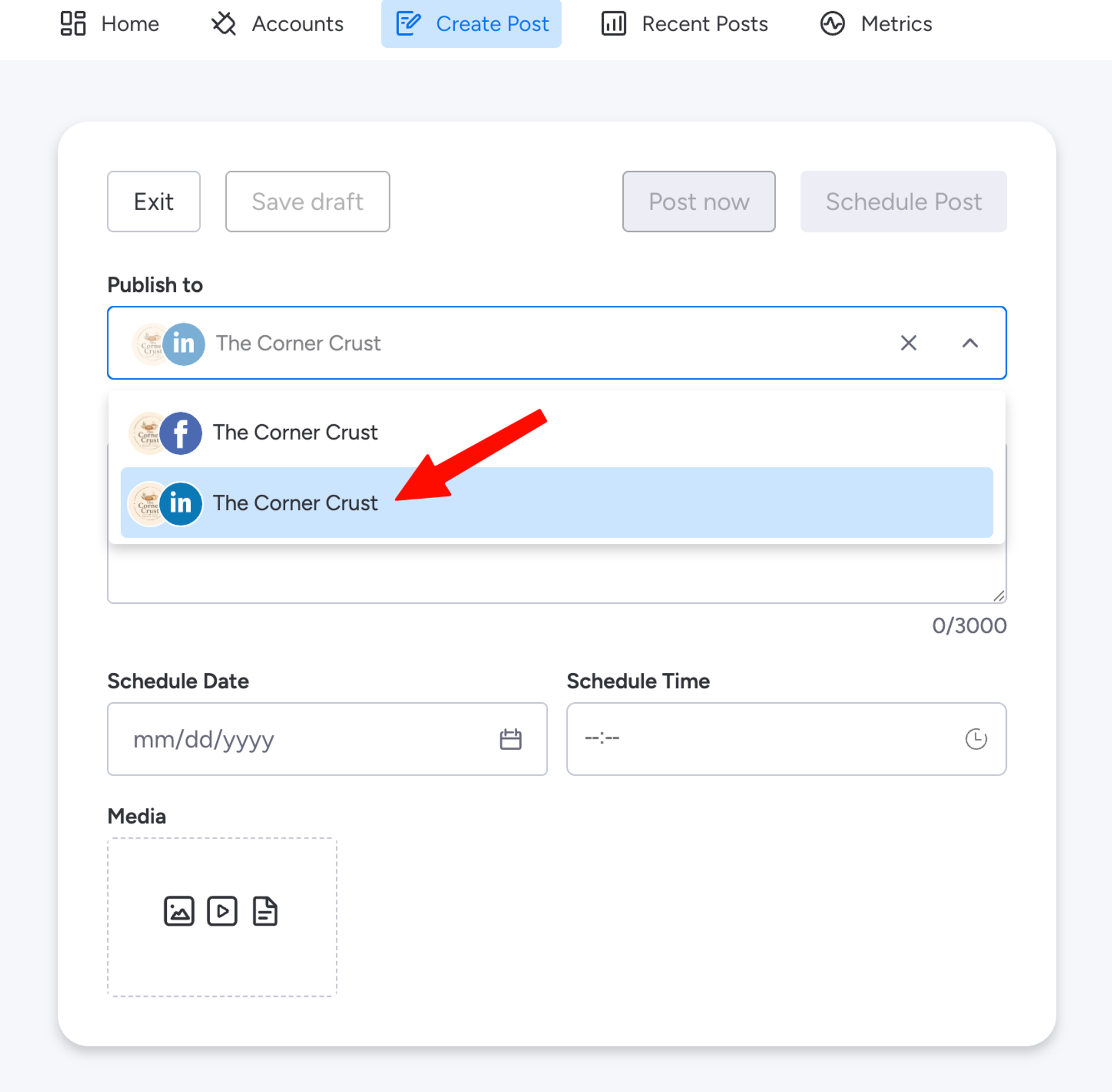 The Publish To selector showing the connected LinkedIn Page