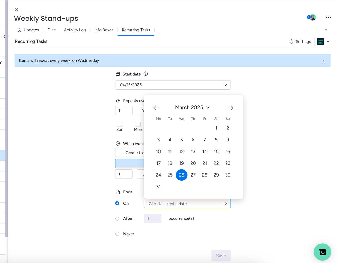 Screenshot showing step 4 of how to set up Recurring Tasks for monday.com product management.