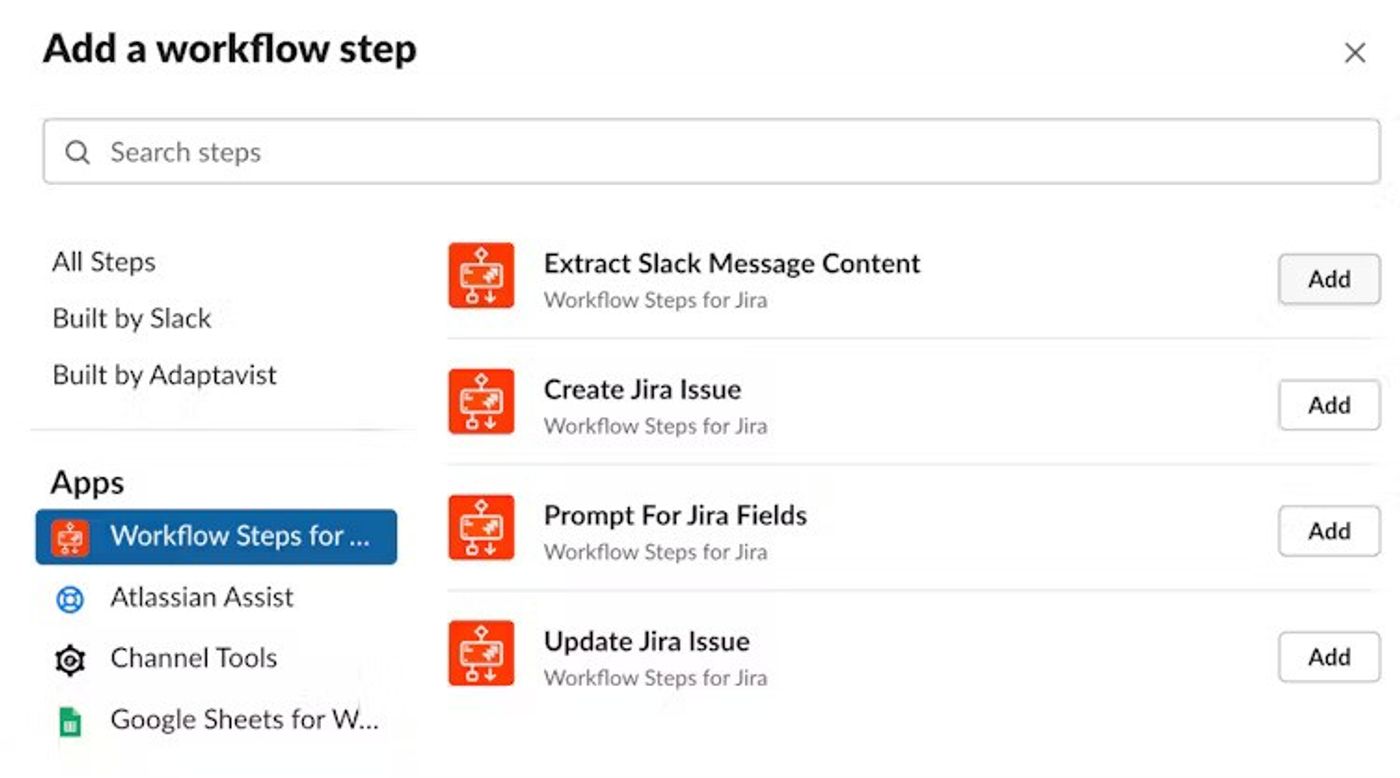 Screenshot of the available Workflow Steps.