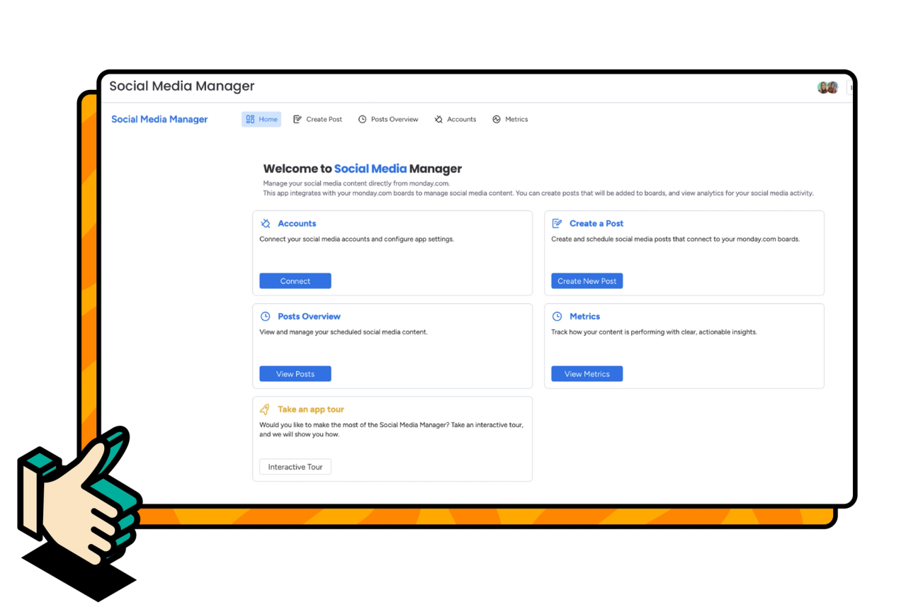 Screenshot showing the Social Media Manager for monday.com app.
