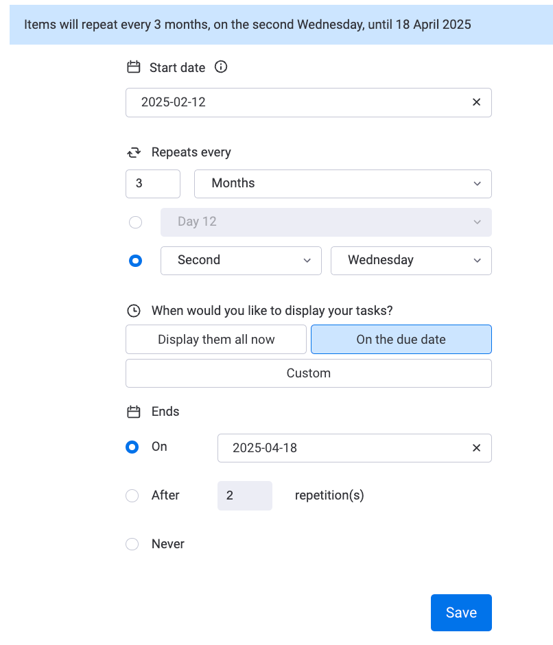 Screenshot showing how to create quarterly recurring tasks in monday.com.