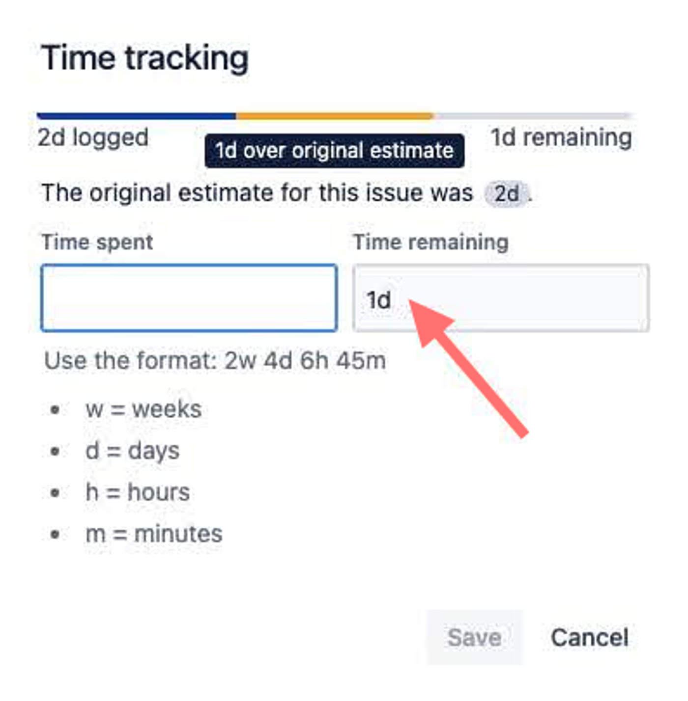 jira time tracking showing 1 day remaining