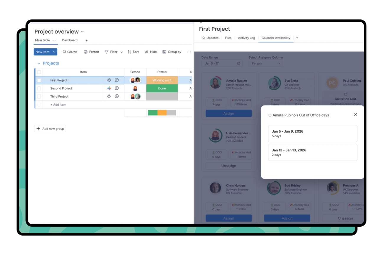 Screenshot of Calendar Availability for monday.com 