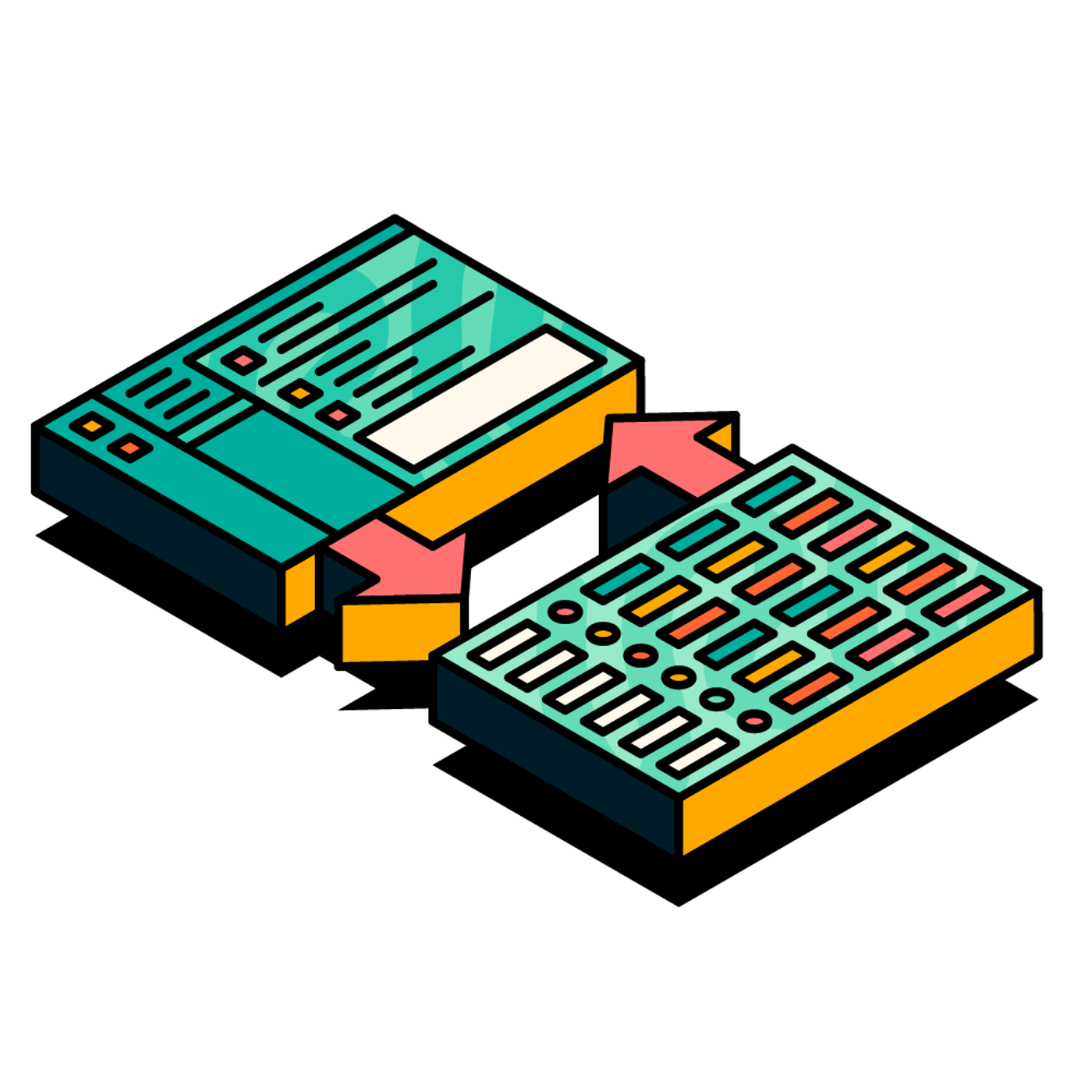 A monday.com board and a Slack workspace connecting with two arrows pointing to each other.
