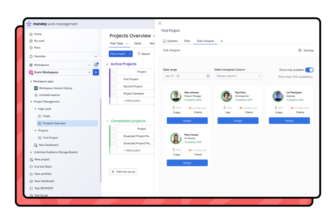 Screenshot showing how to assign tasks in monday with Task Assigner.