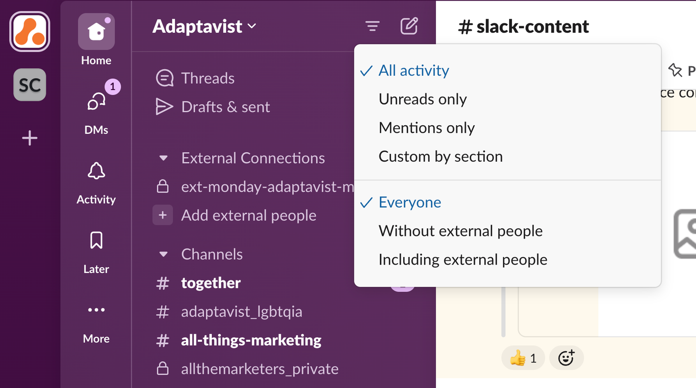 Screenshot showing the Slack sidebar.