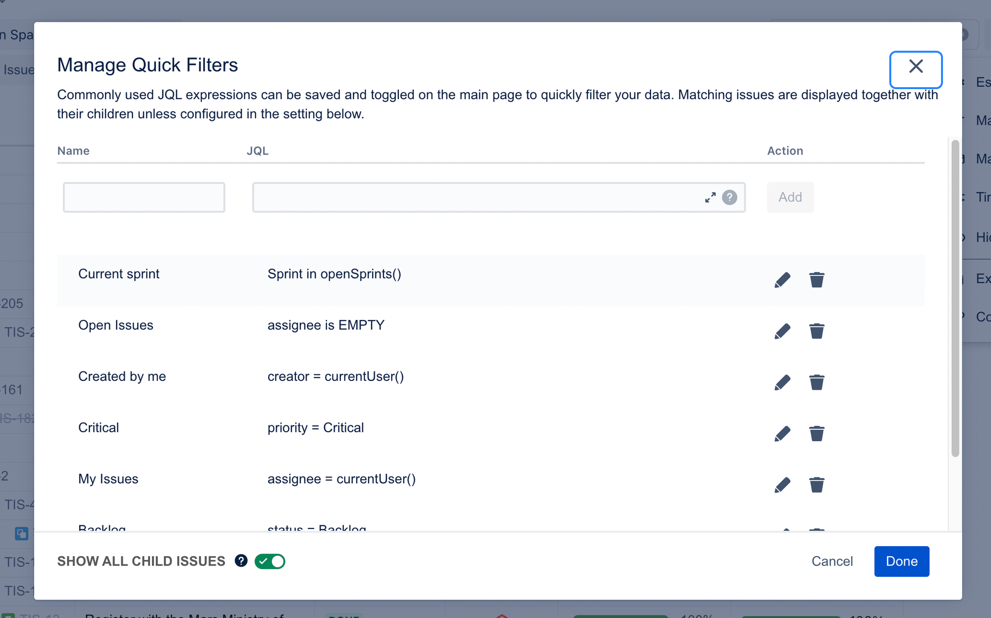 jira quick filters to view specific issue links