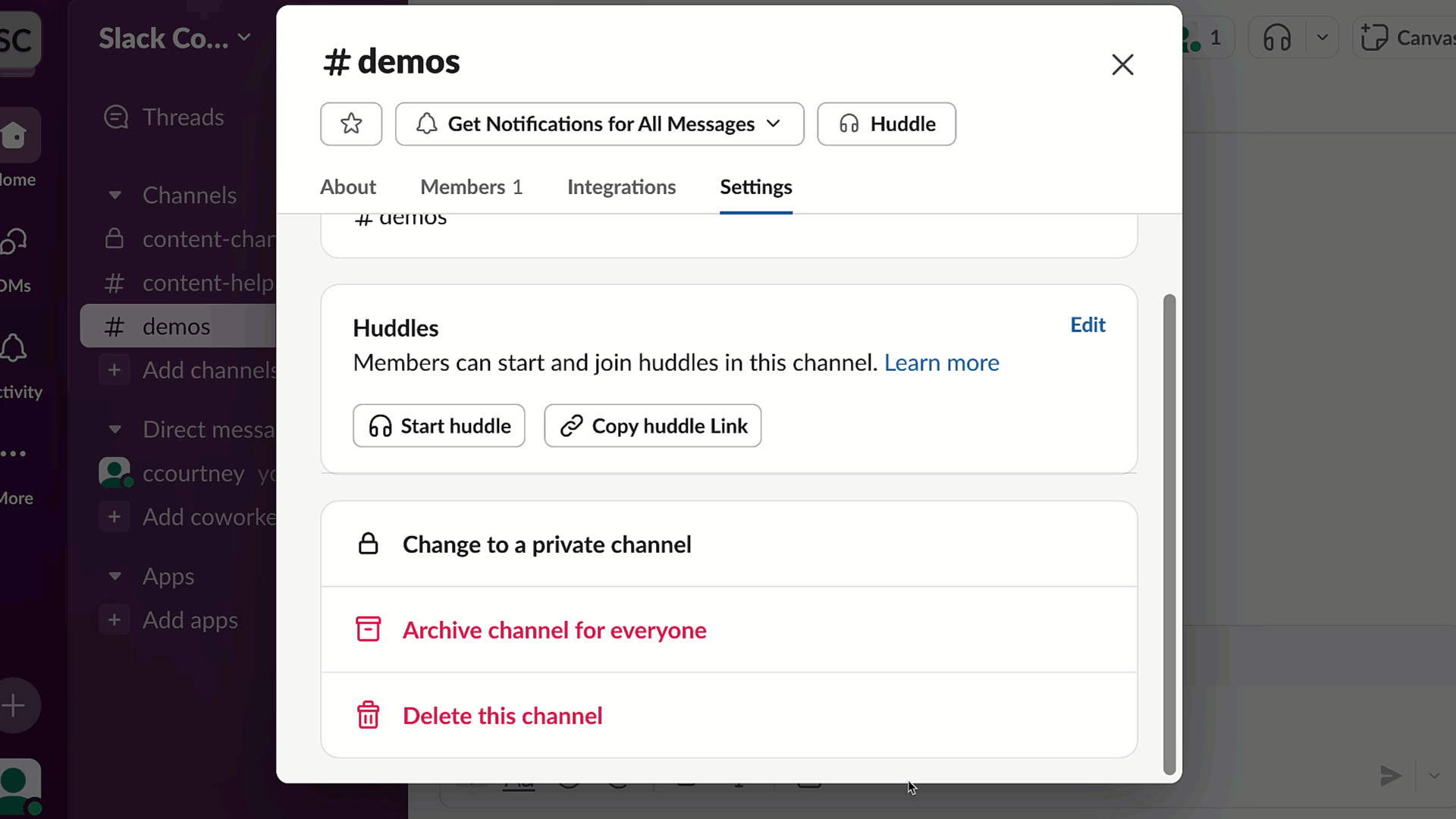 GIF showing how to delete an active channel in Slack