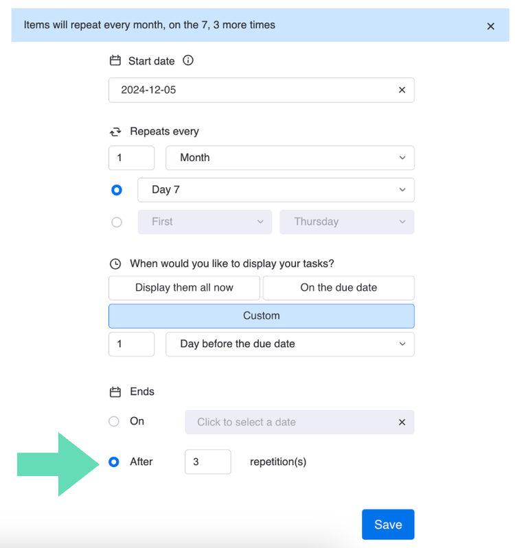 Screenshot showing how to select end by number of repetitions in Recurring Tasks for monday.com.