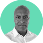 Jay's profile picture on a mint background