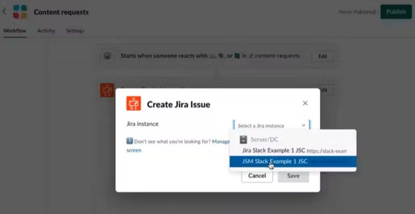 Screenshot showing how to select your Jira instance.