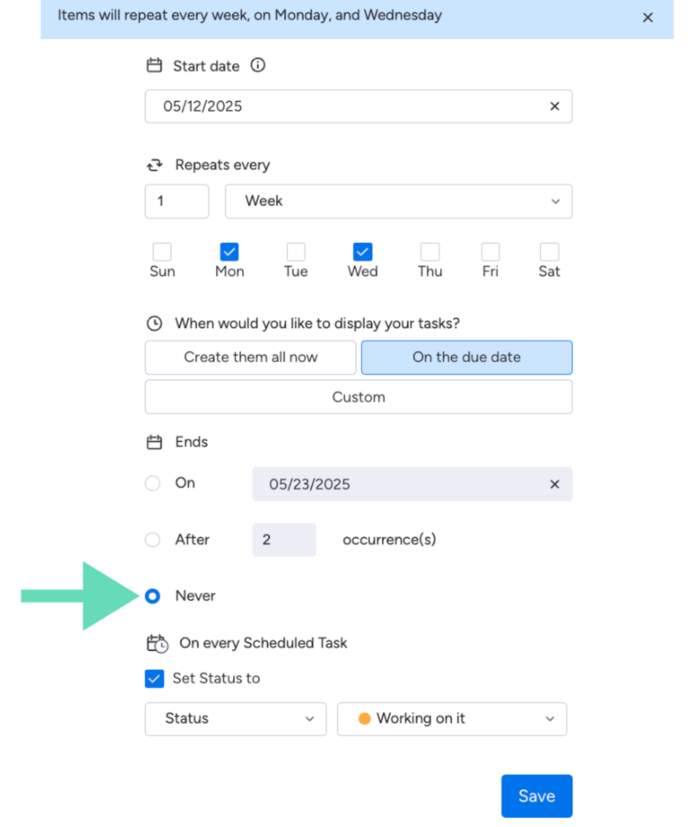 Screenshot showing the Never-End Scheduling feature in Recurring Tasks for monday.com.