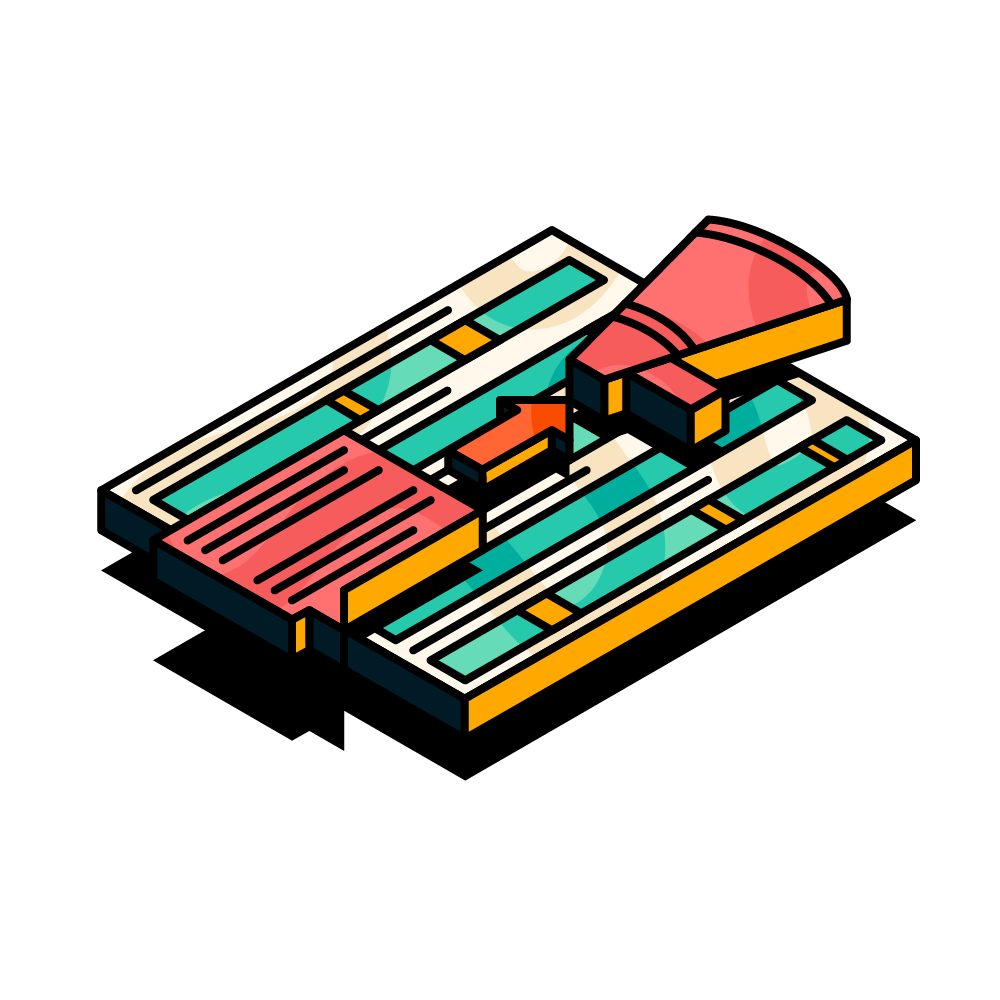 An illustrated Statuspage board with a speech bubble and megaphone overlaid on top