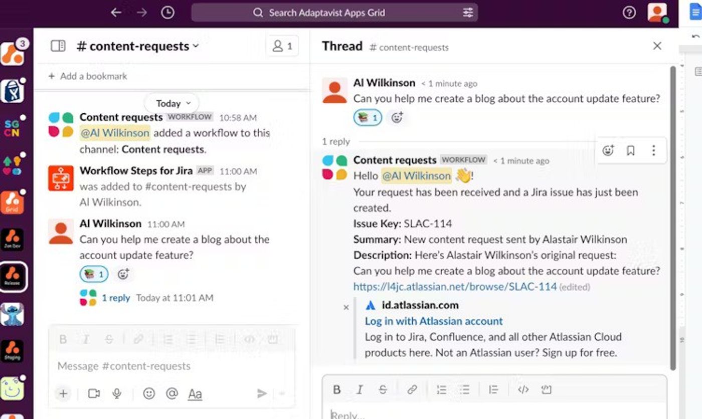 Screenshot showing the content creation workflow in Slack.