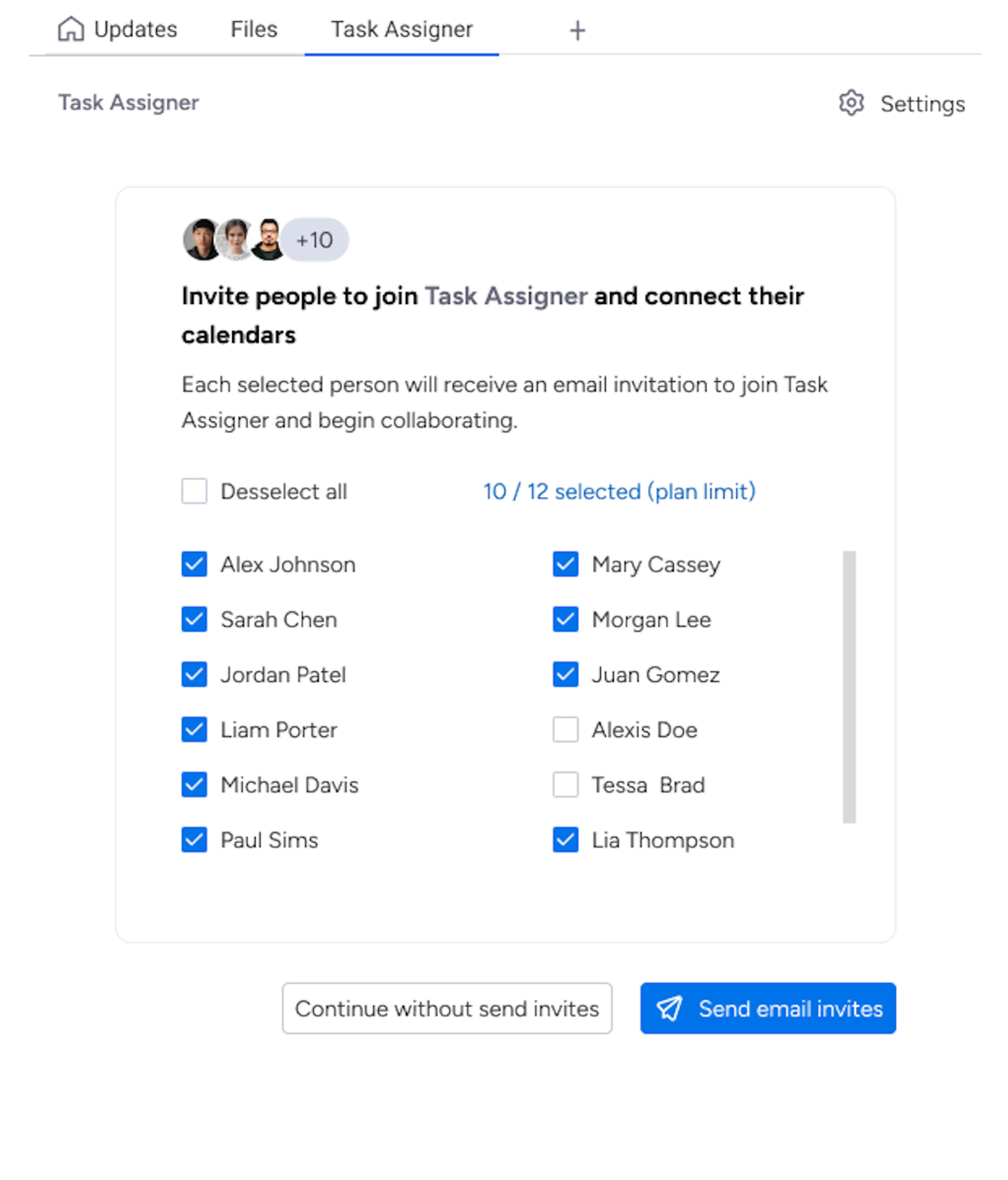 Screenshot showing how to invite team members to connect their calendars with Task Assigner for monday.com.