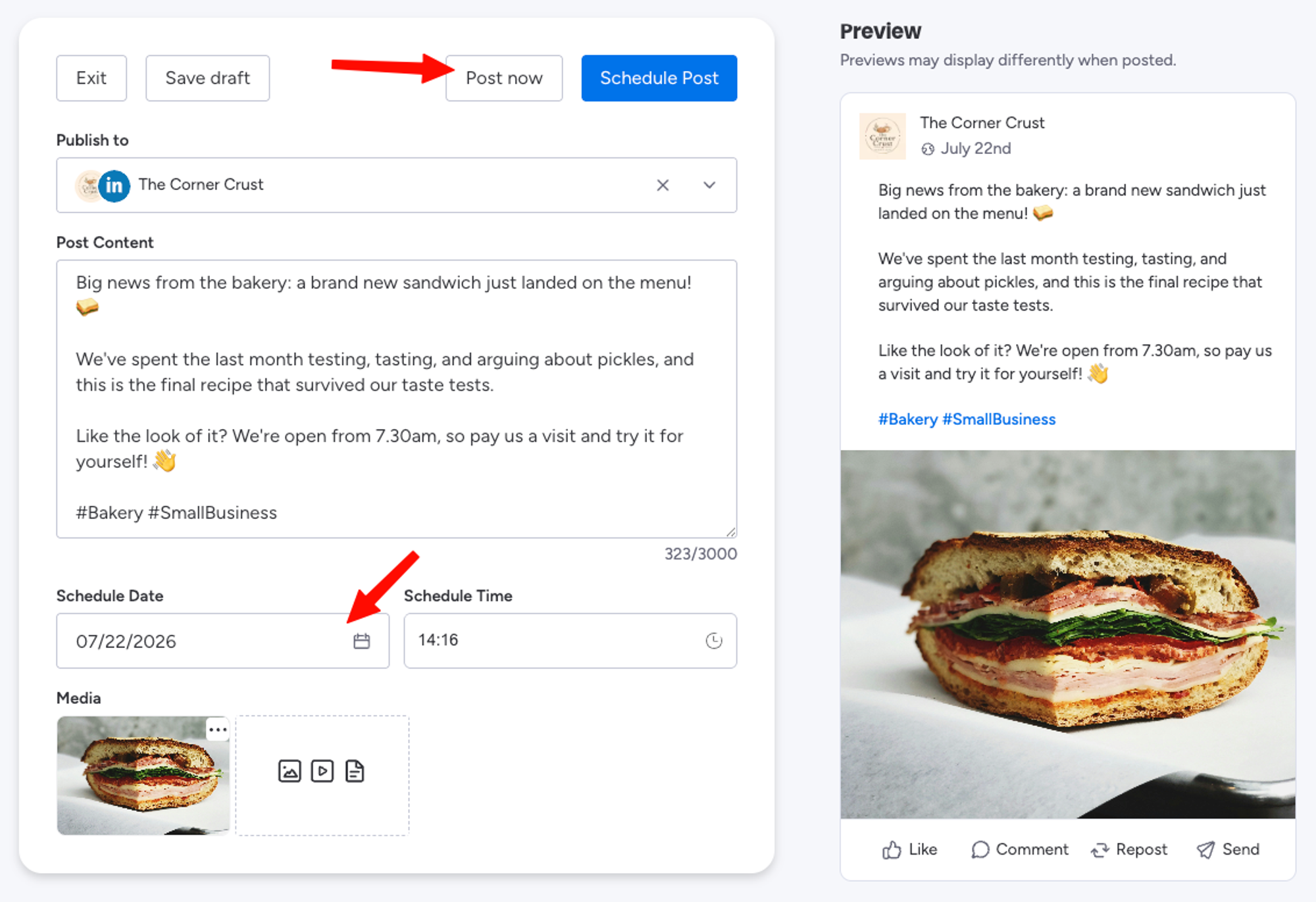 The scheduling controls with a date and time picker and the Schedule Post button