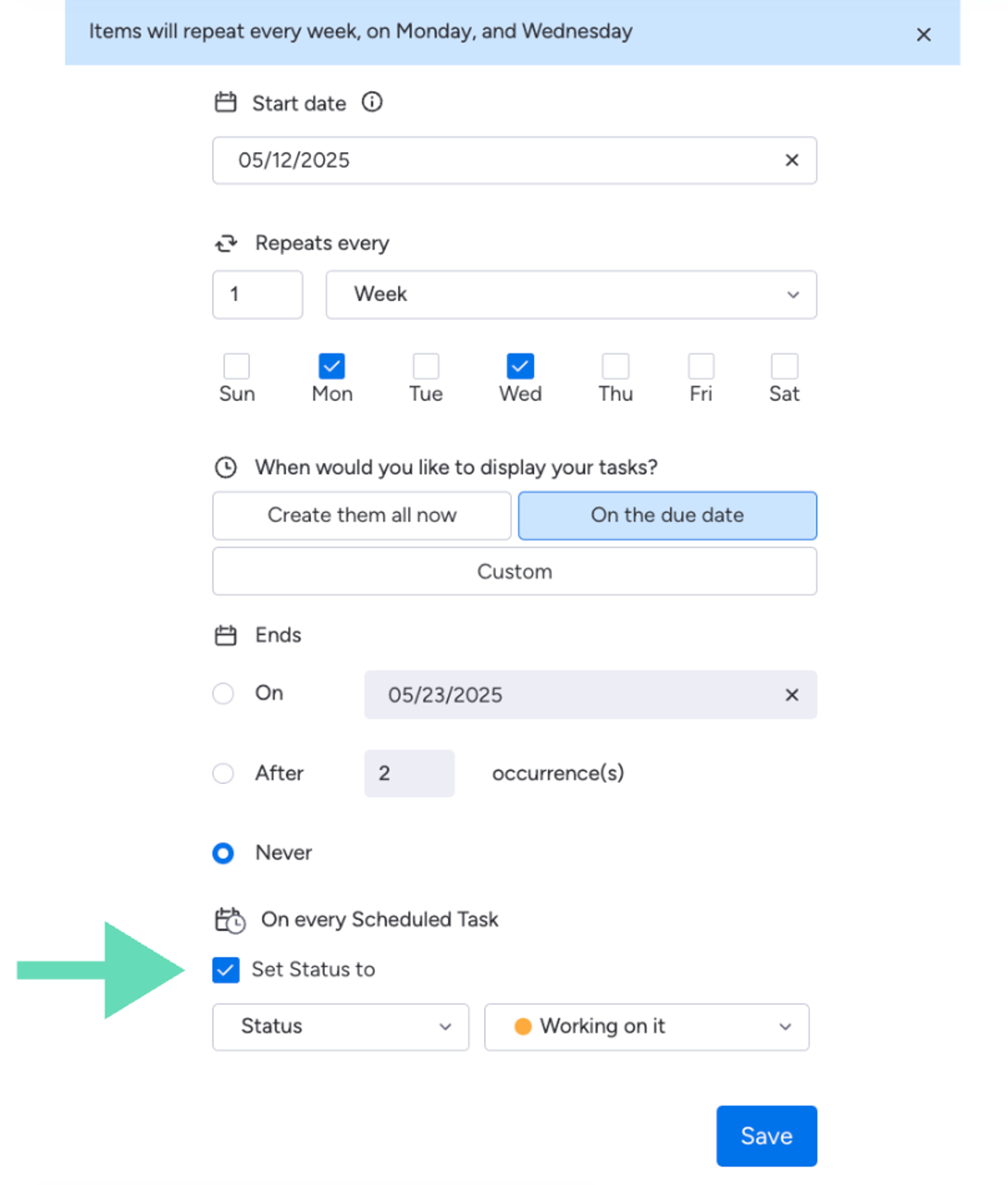 Screenshot showing how to set the status for a recurring task in monday.com