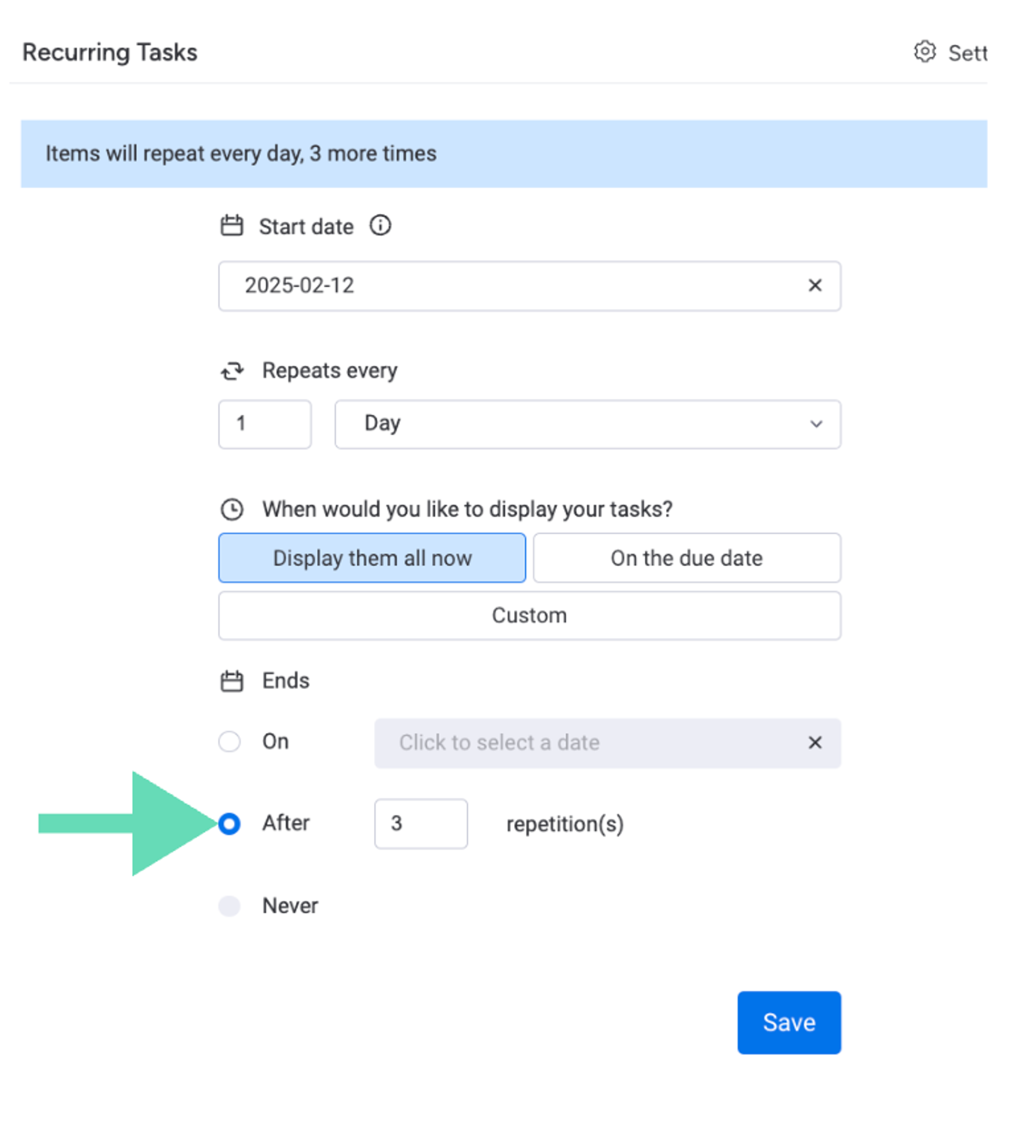 Screenshot showing how to set an end date by number of repetitions in Recurring Tasks for monday.com.