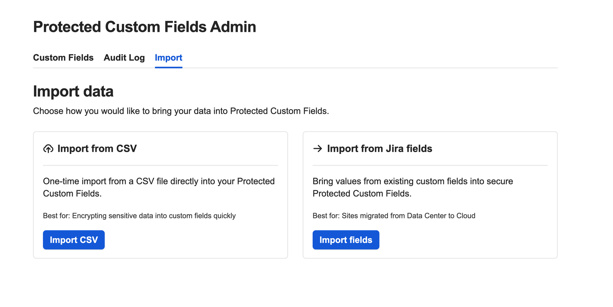 The import section of the Protected Custom Fields app for Jira Cloud