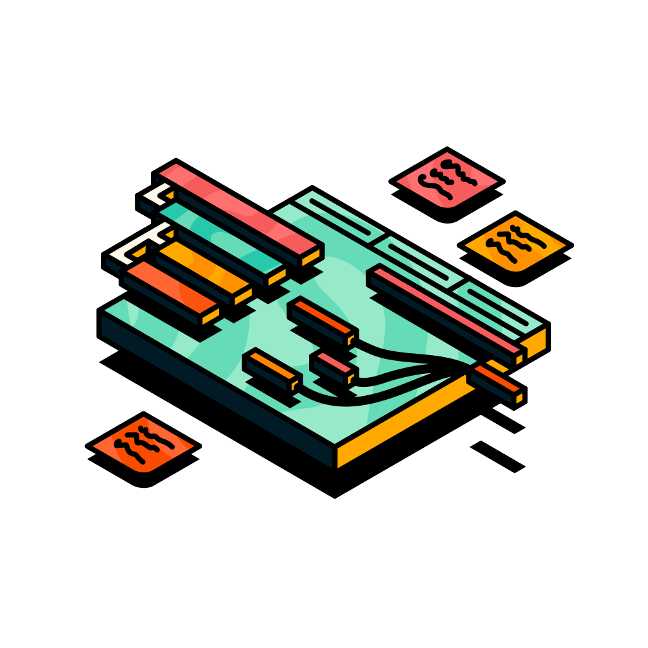 Illustration of a job board with a custom hierarchy and project timeline overlaid on top.