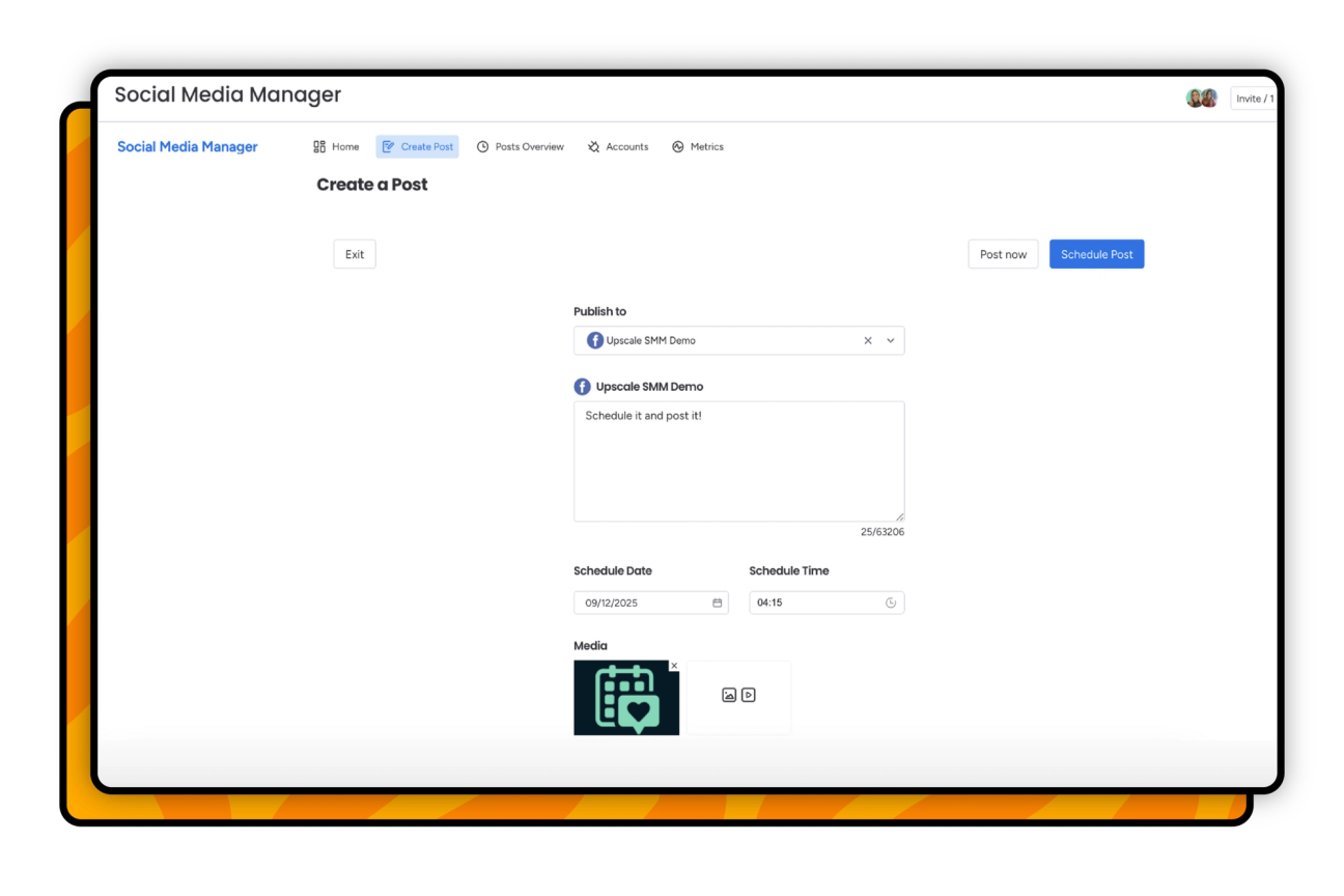 Screenshot showing how to create and schedule posts in Social Media Manager for monday.com.