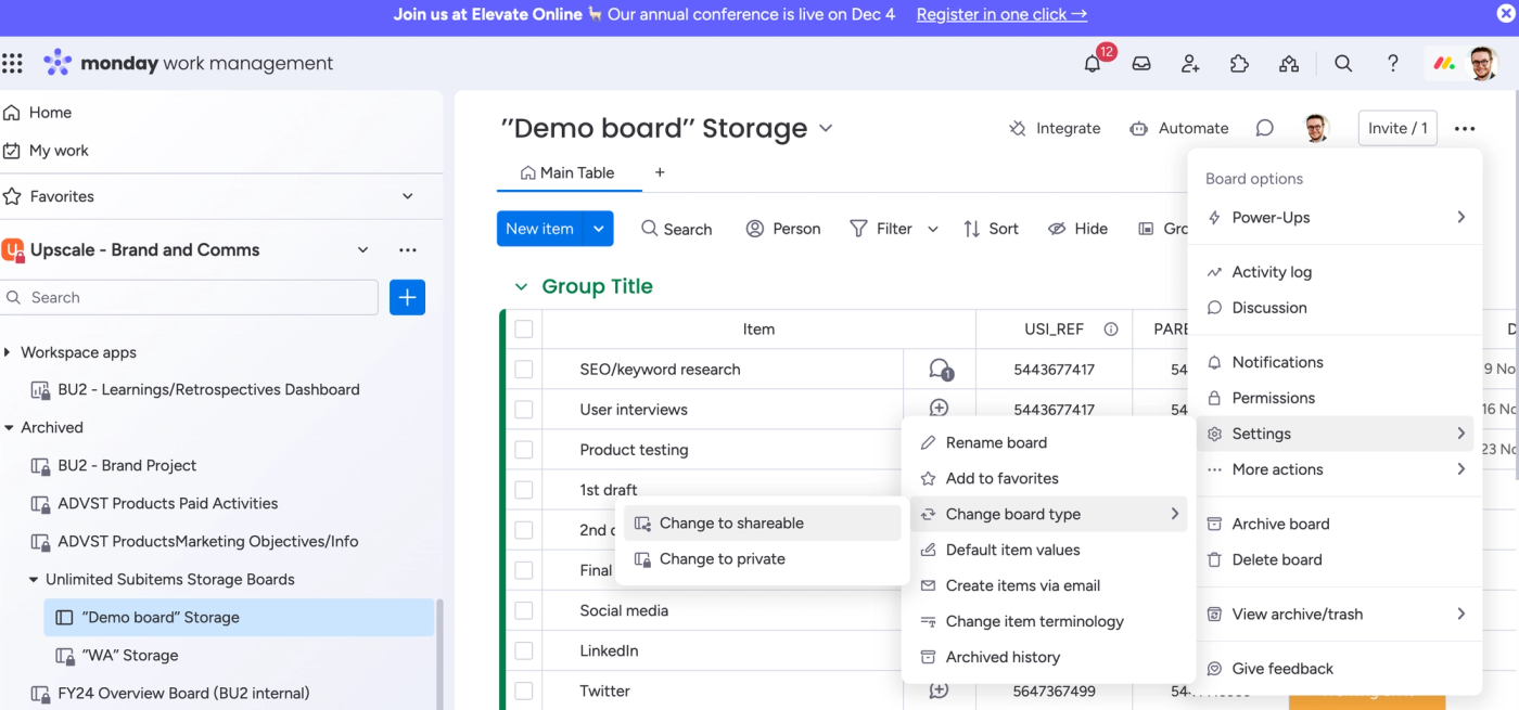 Screenshot showing how to change monday.com board types.