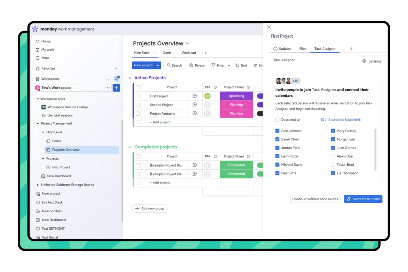 Screenshot showing how to invite team members to sync their calendars with Task Assigner for monday.com.