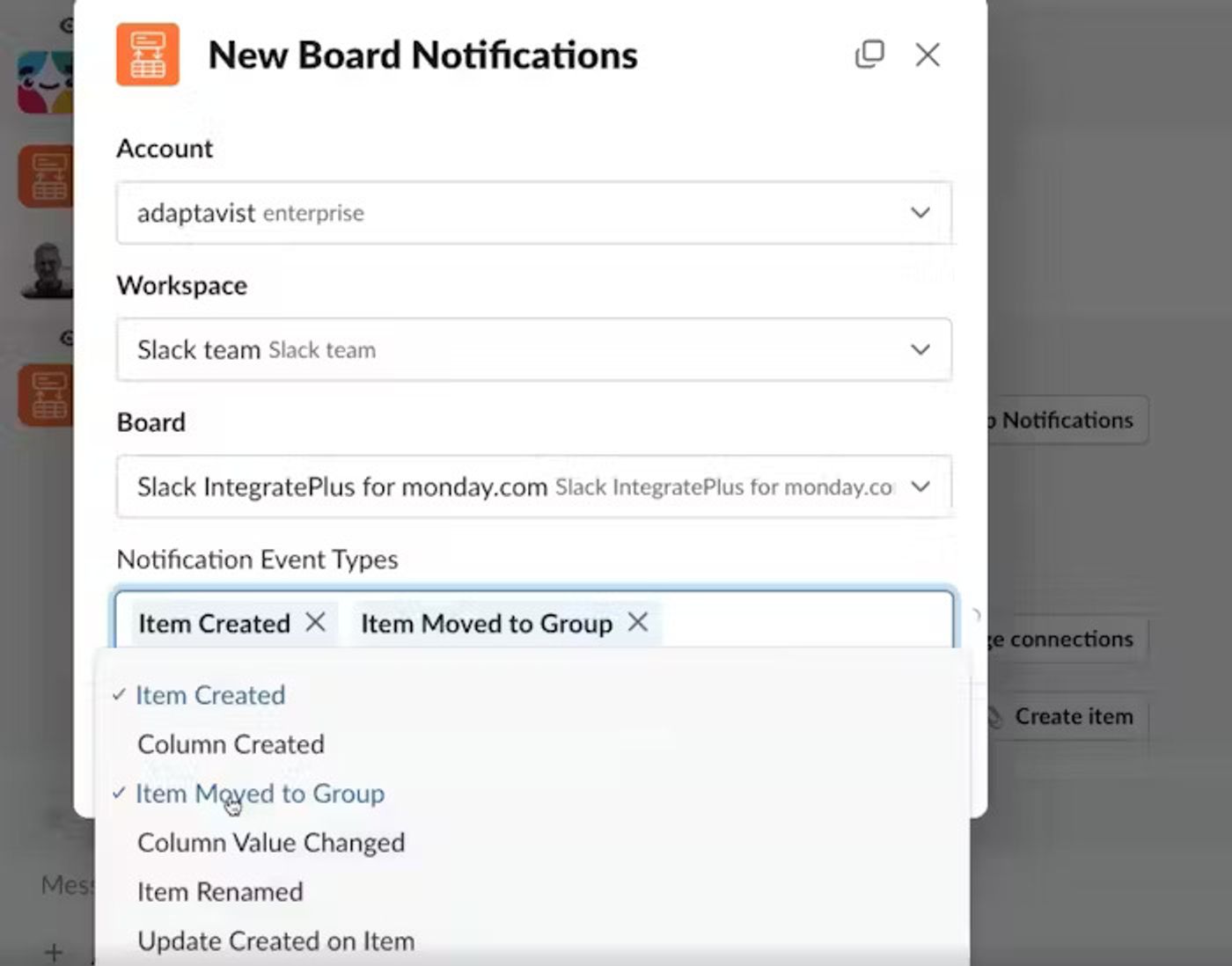 Screenshot showing step 9 of Slack onboarding flow for Slack IntegratePlus for monday.com.