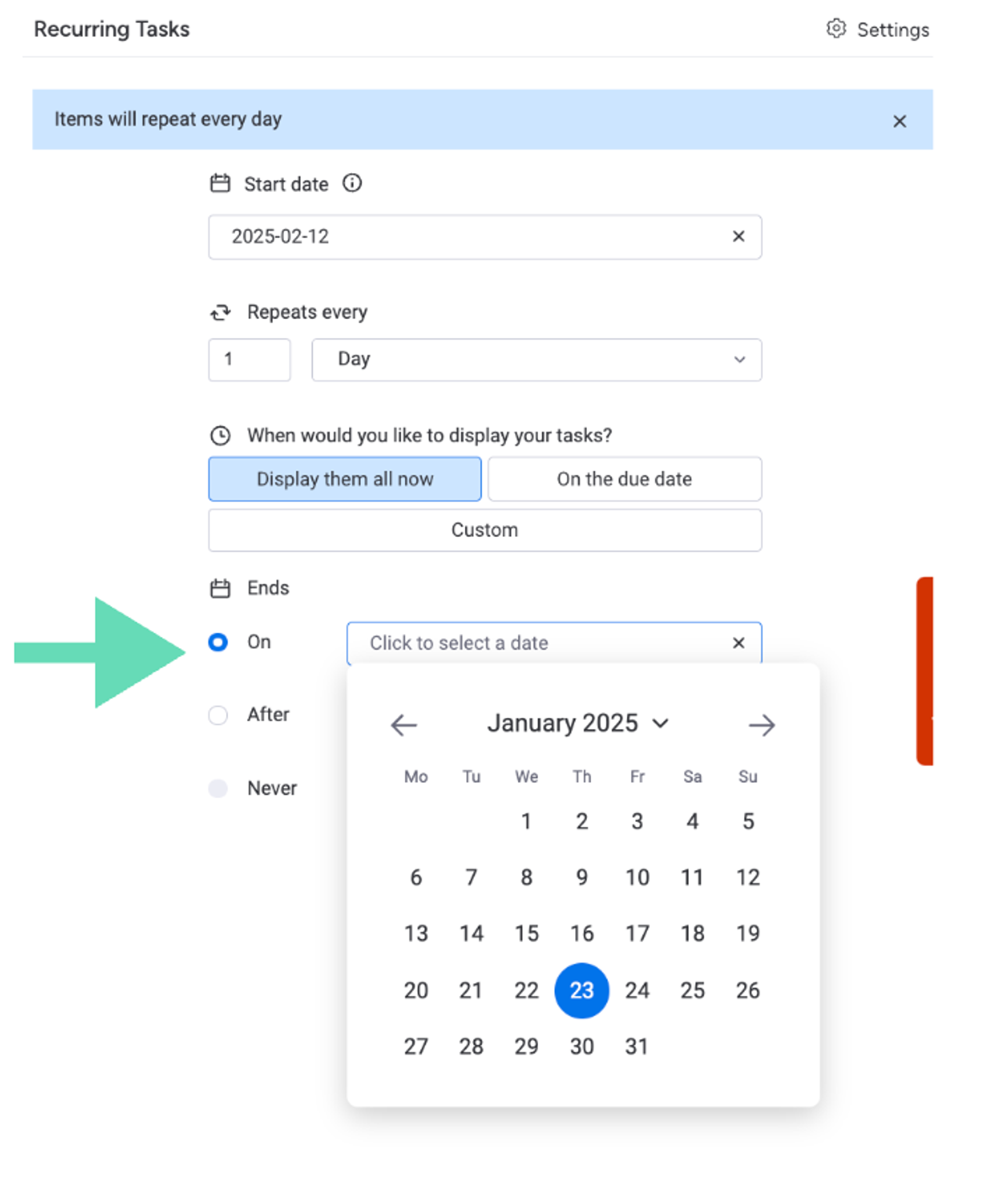 Screenshot showing how to set an end date using Recurring Tasks for monday.com.