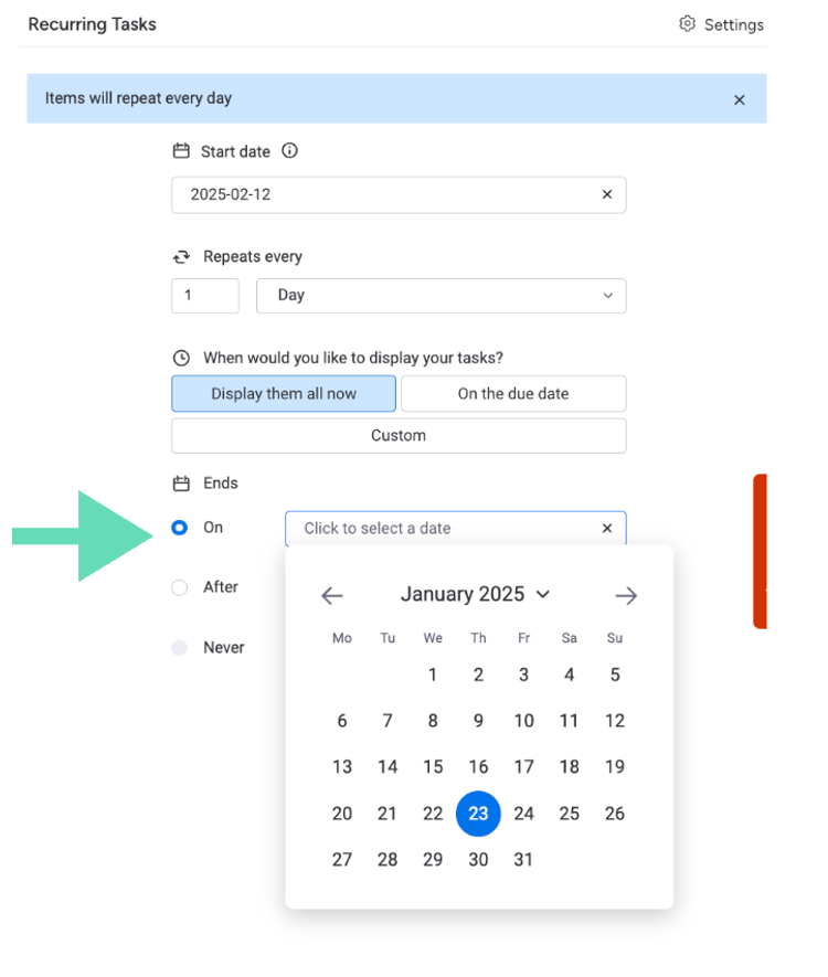 Screenshot showing how to select an end date for recurring tasks in monday.com.