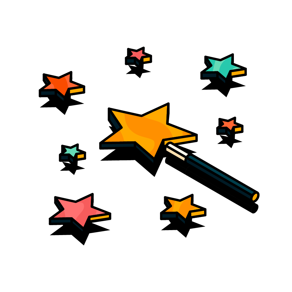 a magic wand with stars surrounding it