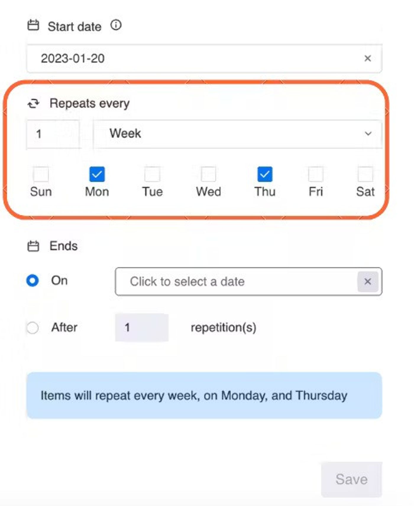 Screenshot showing how to set the schedule using Recurring Tasks for monday.com.