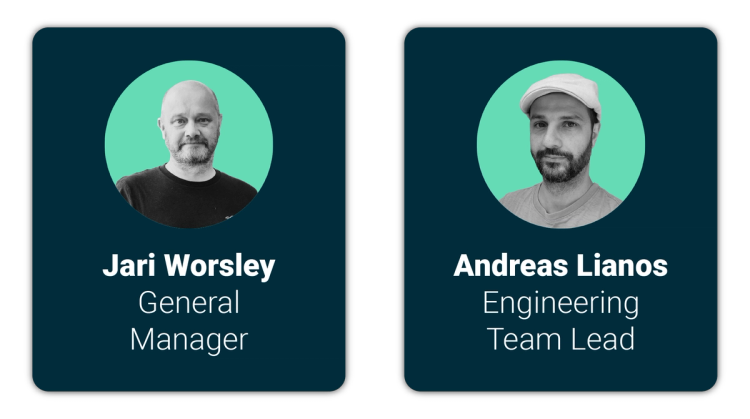 Two cards with Jari and Andreas' profile pictures and job titles