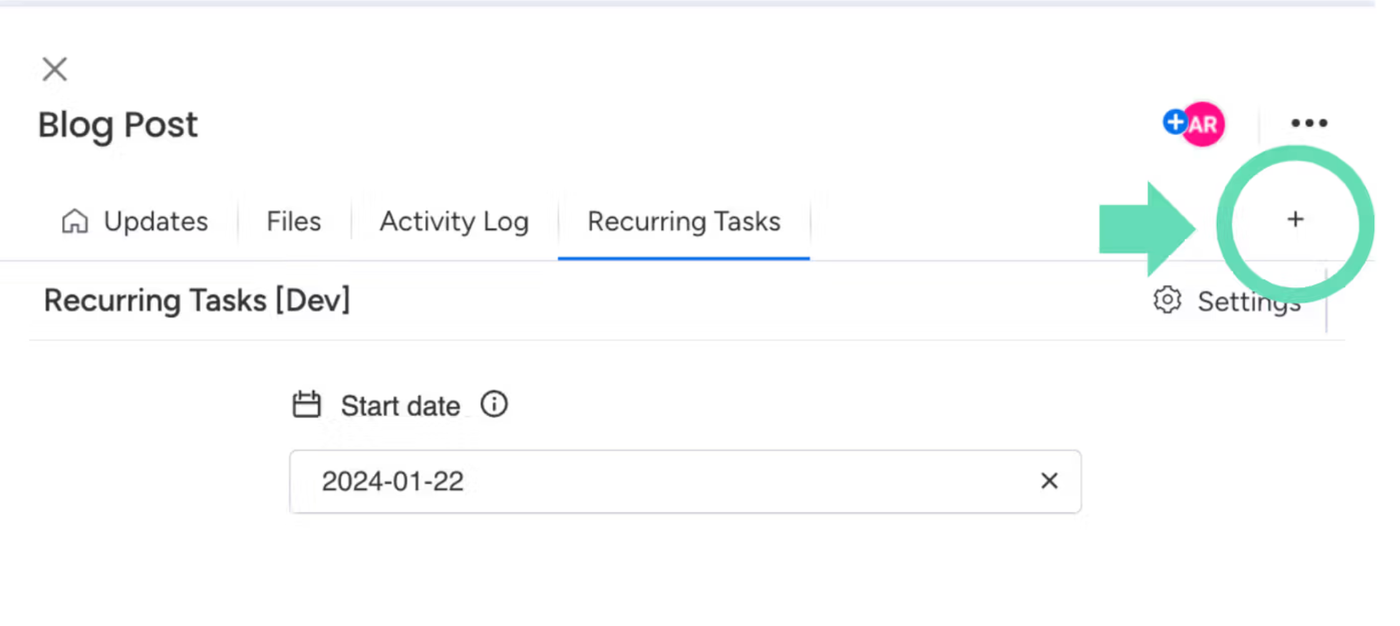 Screenshot showing step 2 of getting started with Recurring Tasks for monday.com.