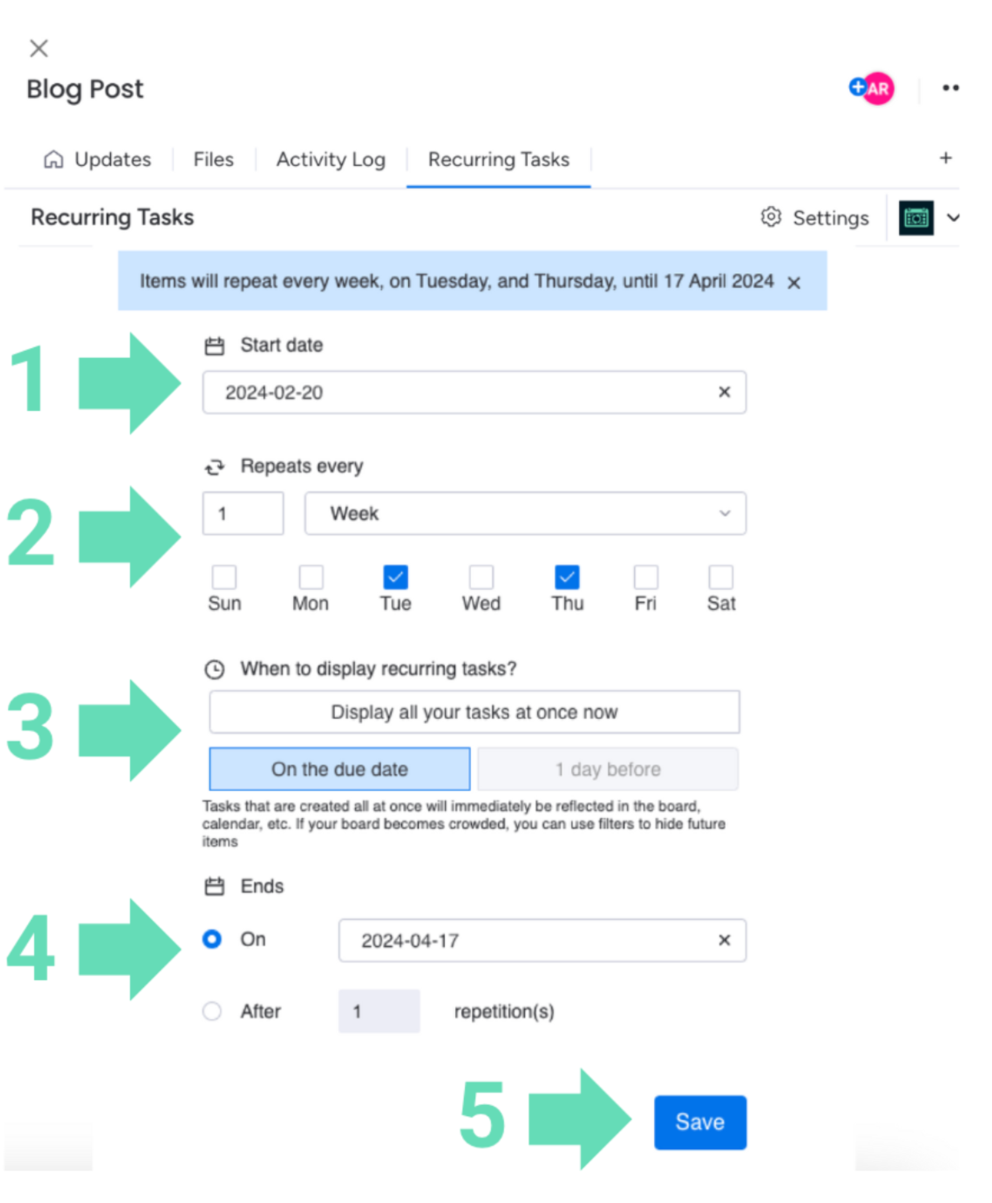 Screenshot showing how to create Recurring Tasks for monday.com.