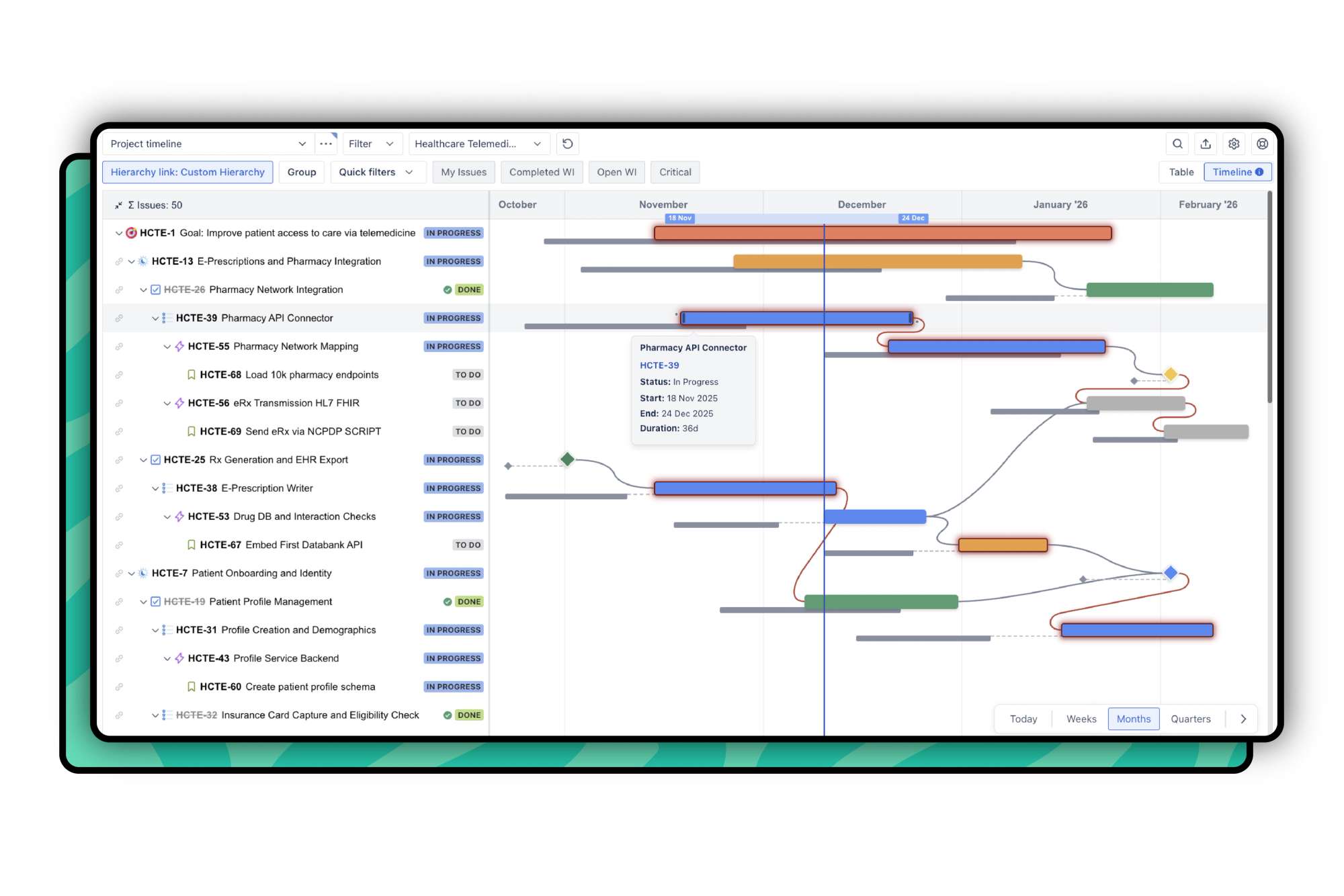 Screenshot of Hierarchy for Jira's timeline view with milestones, baselines, and critical scope