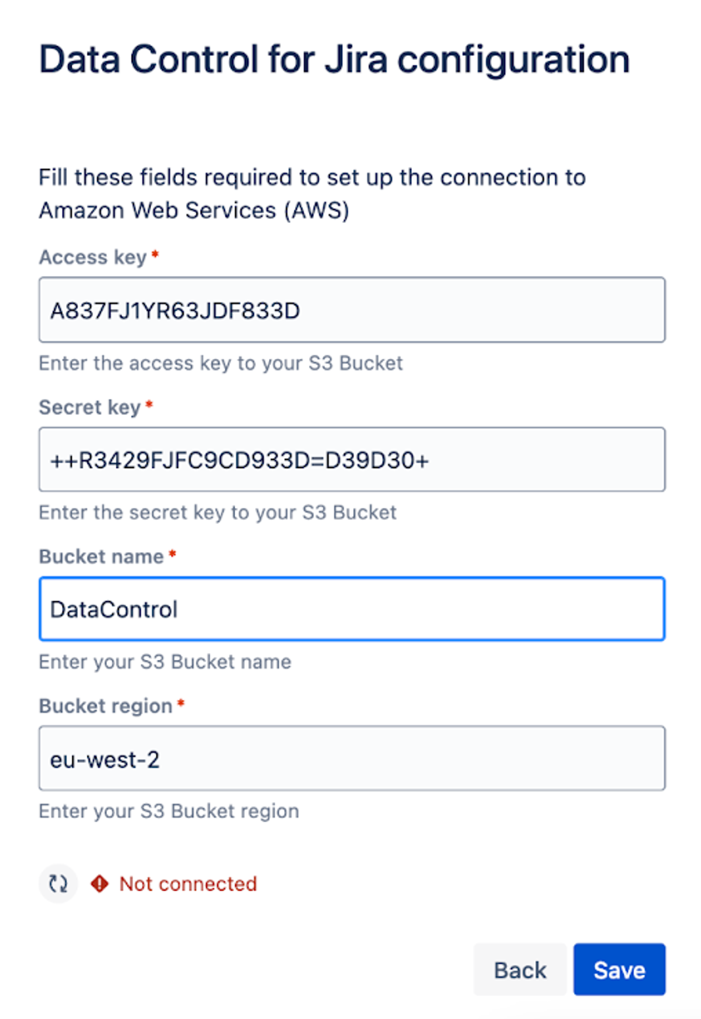 the second step of the Data Control for Jira configuration where users add their cloud provider details