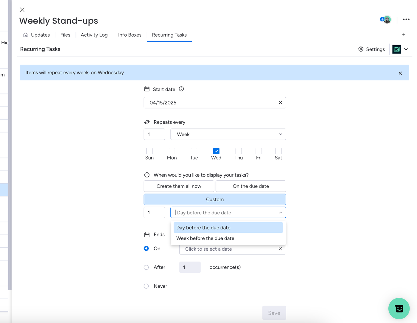 Screenshot showing step 3 of how to set up Recurring Tasks for monday.com product management.