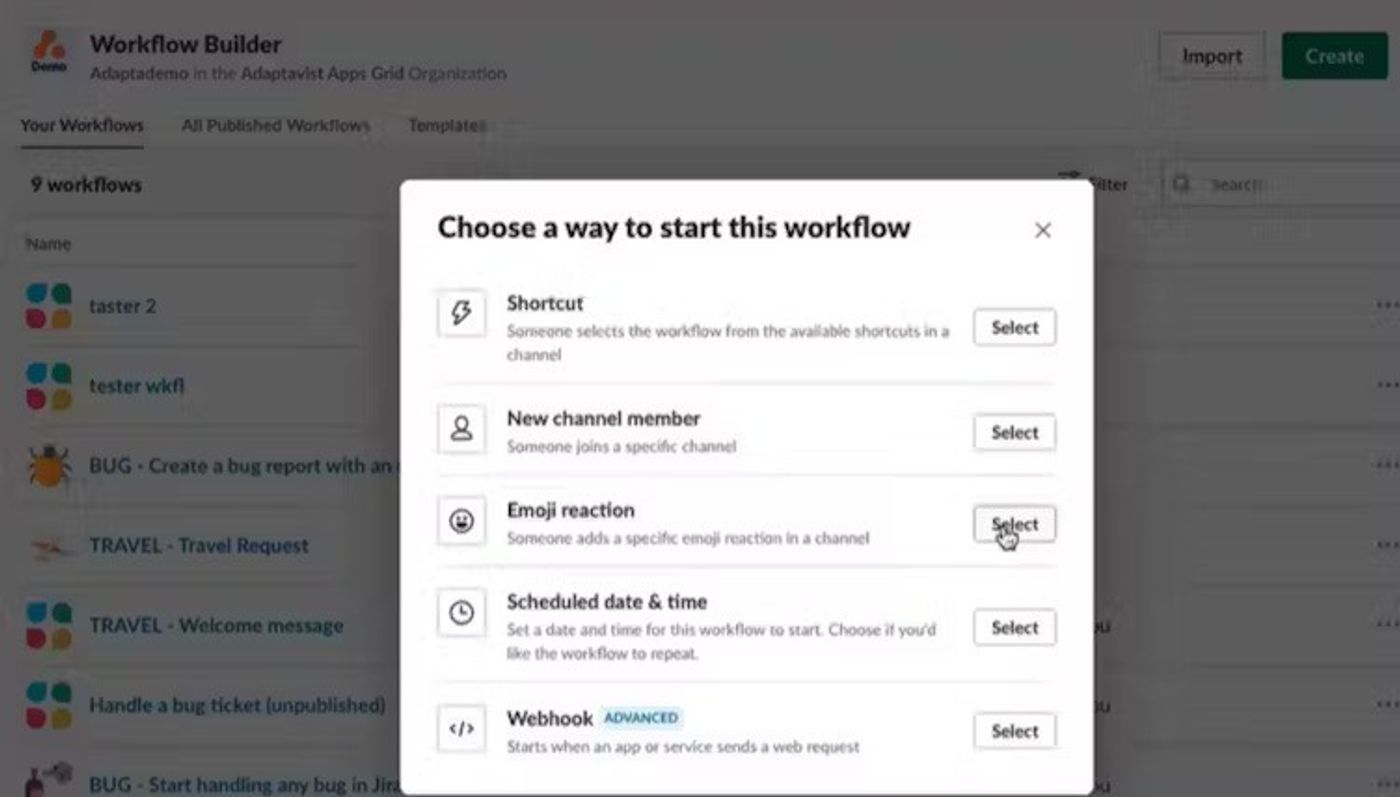 Screenshot showing how to choose your workflow trigger in the Slack Workflow Builder.