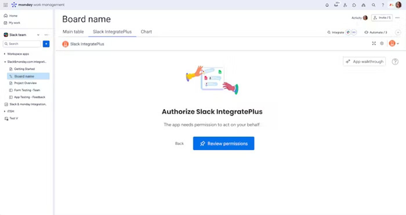 Screenshot showing step 4 of monday.com onboarding flow for Slack IntegratePlus.